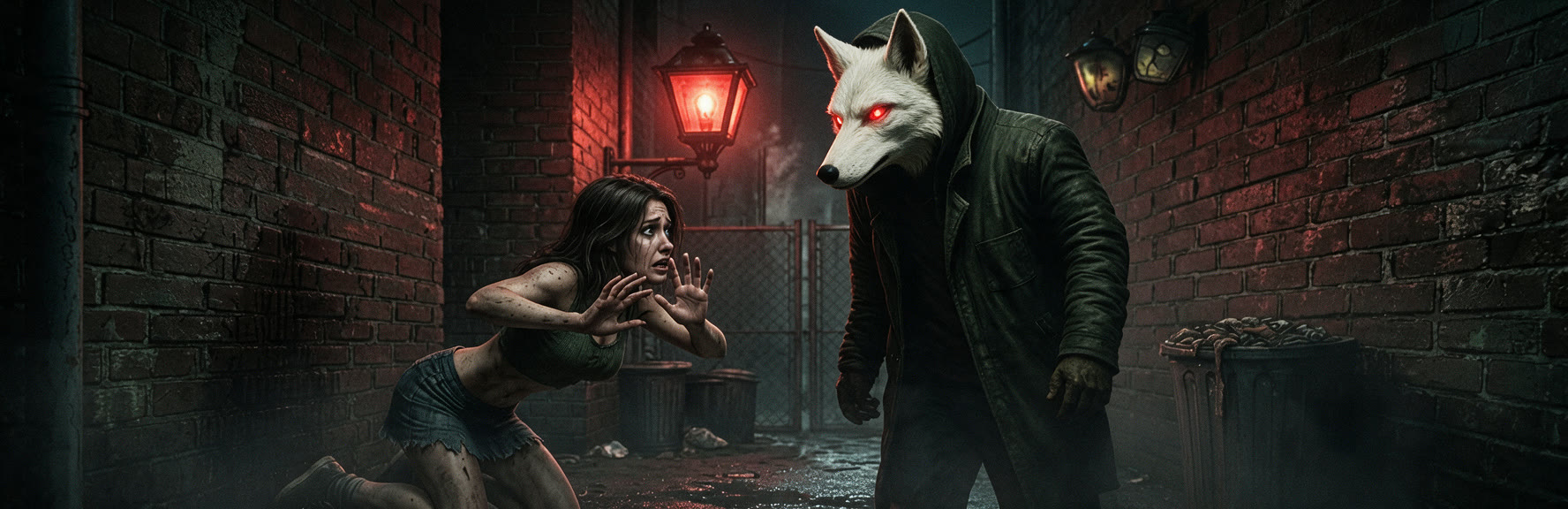 A victim cowers in a dark brick alley under a red lantern as a hooded figure approaches